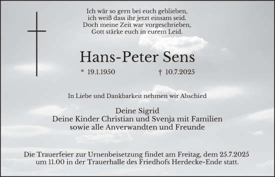 Traueranzeige von Hans-Peter Sens von Tageszeitung