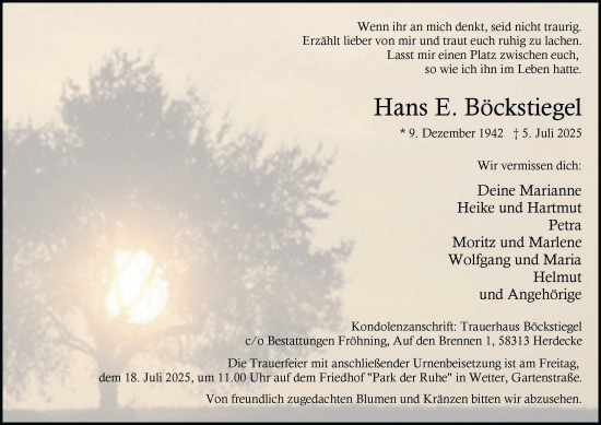 Traueranzeige von Hans E. Böckstiegel von Tageszeitung