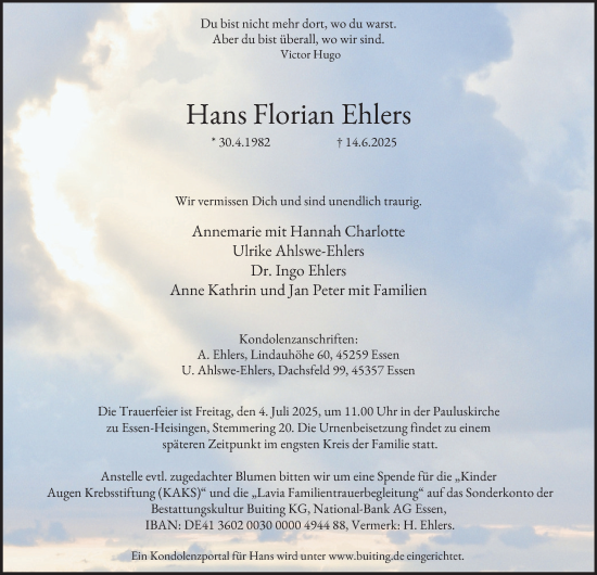 Traueranzeige von Hans Florian Ehlers von Tageszeitung