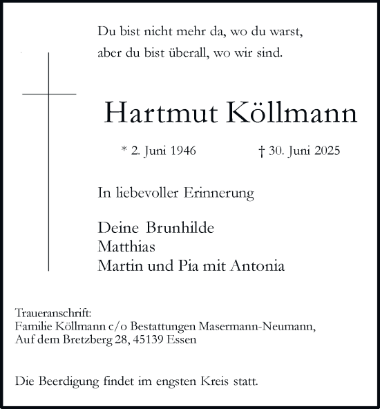 Traueranzeige von Hartmut Köllmann von Tageszeitung