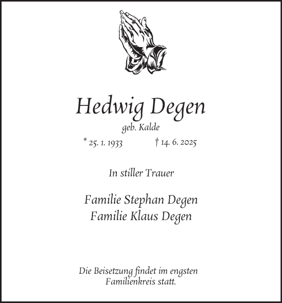 Traueranzeige von Hedwig Degen von Tageszeitung