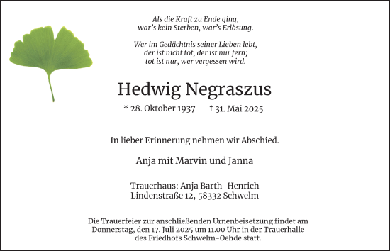 Traueranzeige von Hedwig Negraszus von Tageszeitung