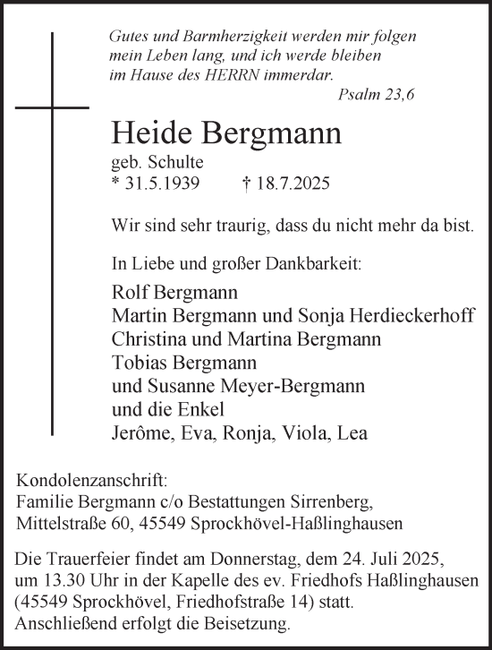 Traueranzeige von Heide Bergmann von Tageszeitung