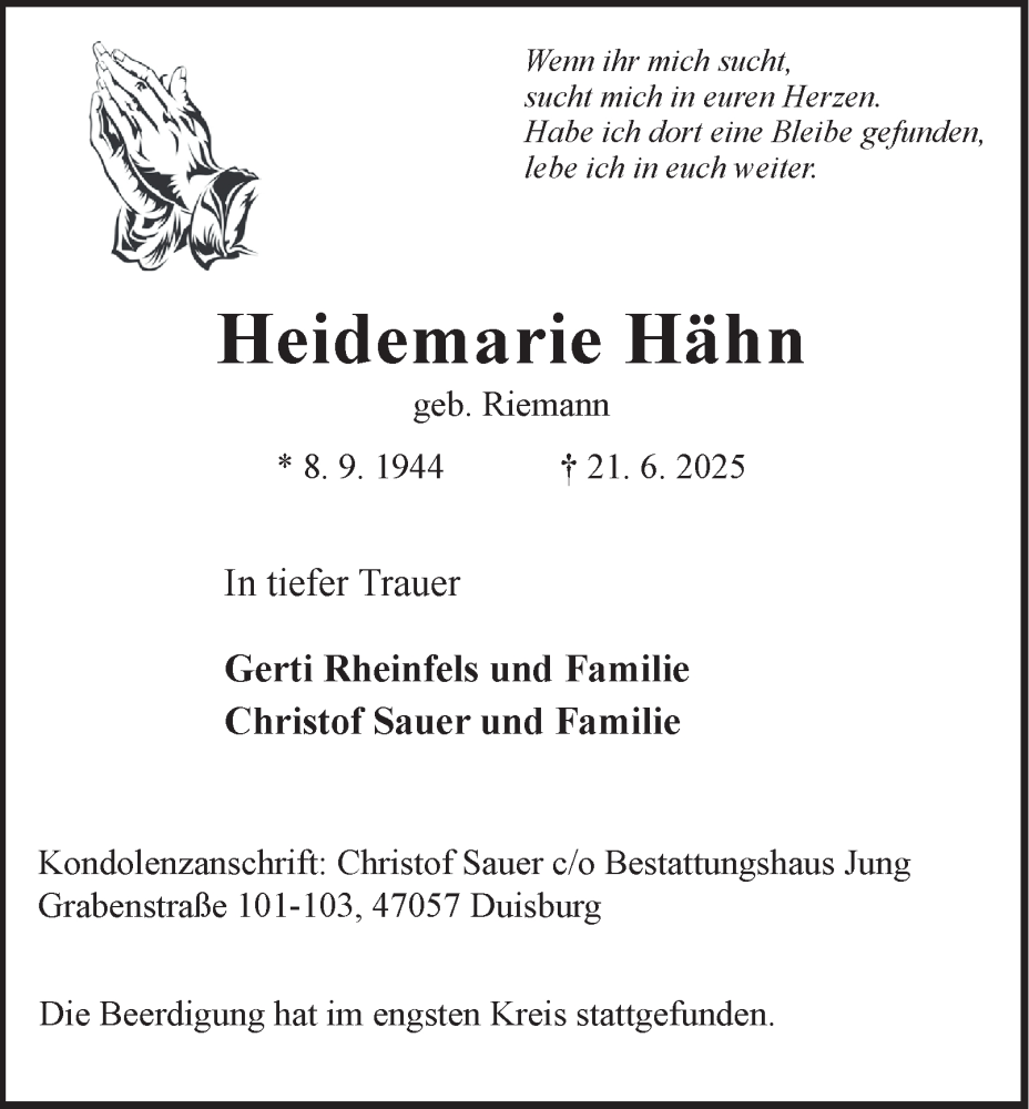  Traueranzeige für Heidemarie Hähn vom 03.07.2025 aus Tageszeitung
