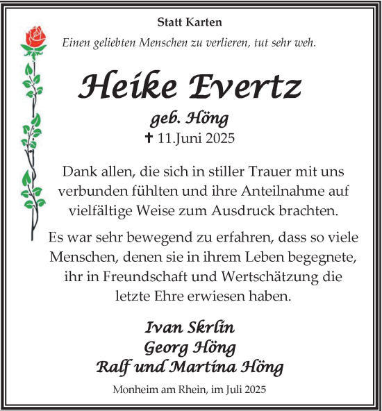 Traueranzeige von Heike Evertz von Tageszeitung