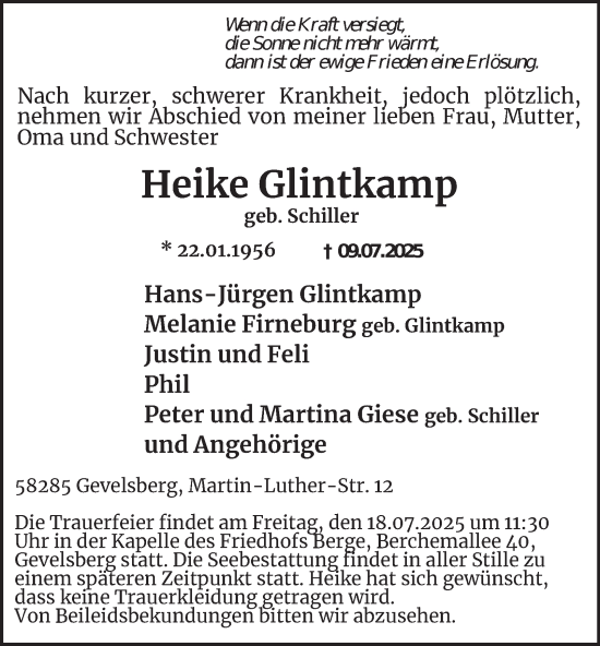 Traueranzeige von Heike Glintkamp von Tageszeitung
