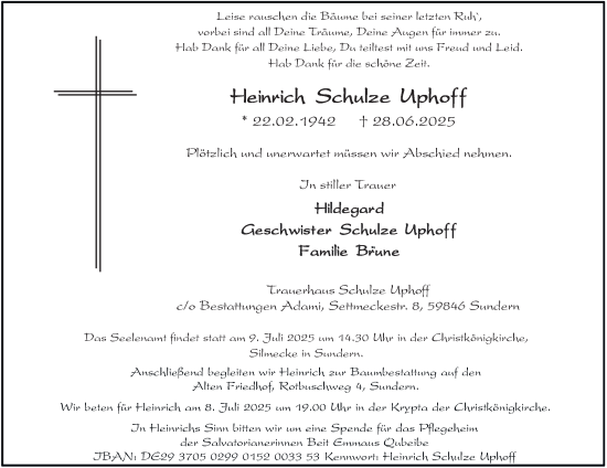 Traueranzeige von Heinrich Schulze Uphoff von Tageszeitung