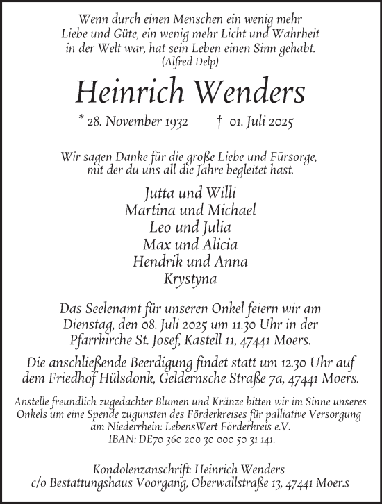 Traueranzeige von Heinrich Wenders von Tageszeitung