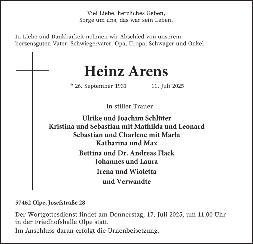  Traueranzeige für Heinz Arens vom 16.07.2025 aus Tageszeitung