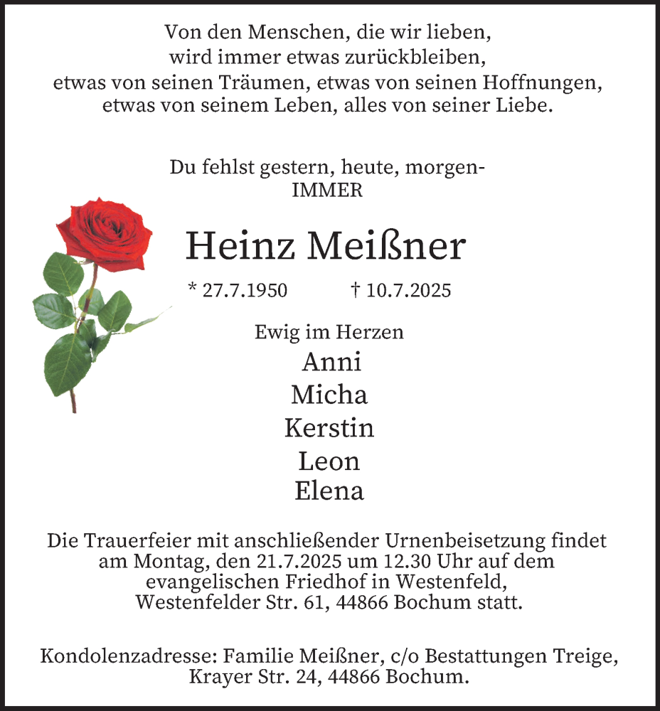  Traueranzeige für Heinz Meißner vom 16.07.2025 aus Tageszeitung