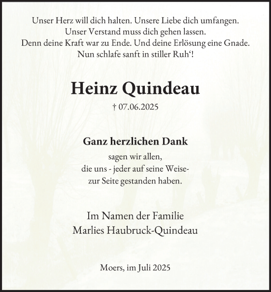 Traueranzeige von Heinz Quindeau von Tageszeitung