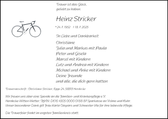 Traueranzeige von Heinz Stricker von Tageszeitung