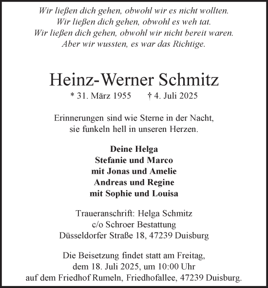 Traueranzeige von Heinz-Werner Schmitz von Tageszeitung