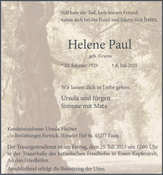 Traueranzeige von Helene Paul von Tageszeitung