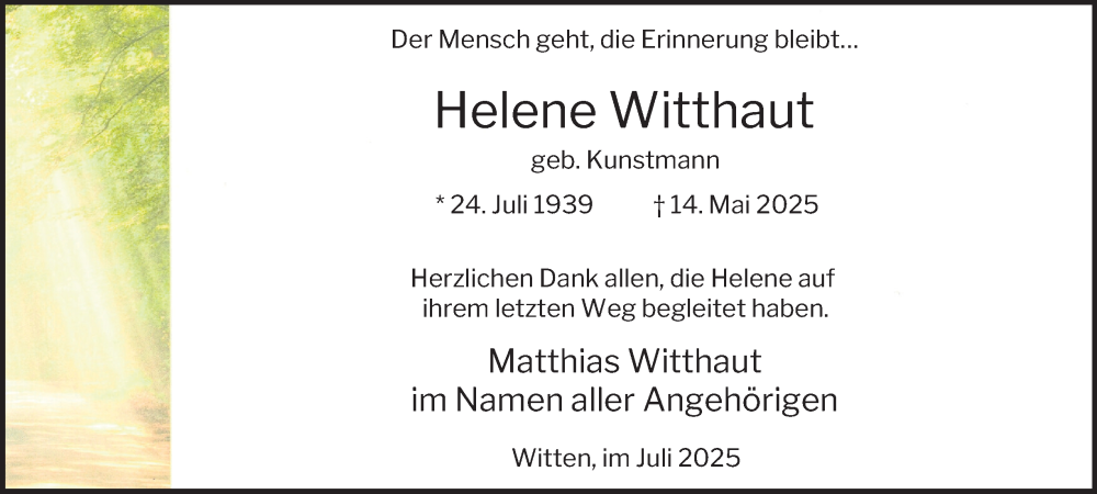  Traueranzeige für Helene Witthaut vom 12.07.2025 aus Tageszeitung