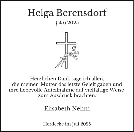 Traueranzeige von Helga Berensdorf von Tageszeitung
