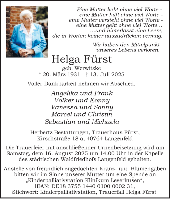 Traueranzeige von Helga Fürst von Tageszeitung