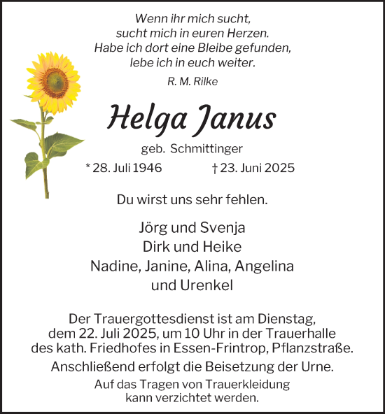 Traueranzeige von Helga Janus von Tageszeitung
