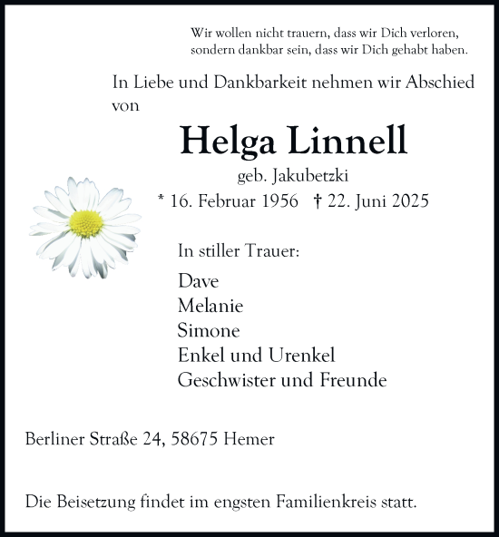 Traueranzeige von Helga Linnell von Tageszeitung
