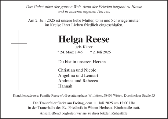 Traueranzeige von Helga Reese von Tageszeitung