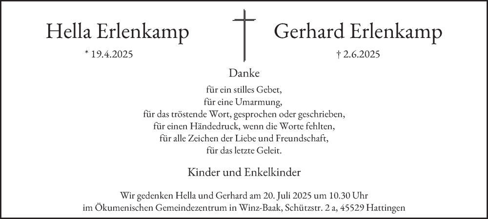  Traueranzeige für Hella Erlenkamp vom 12.07.2025 aus Tageszeitung