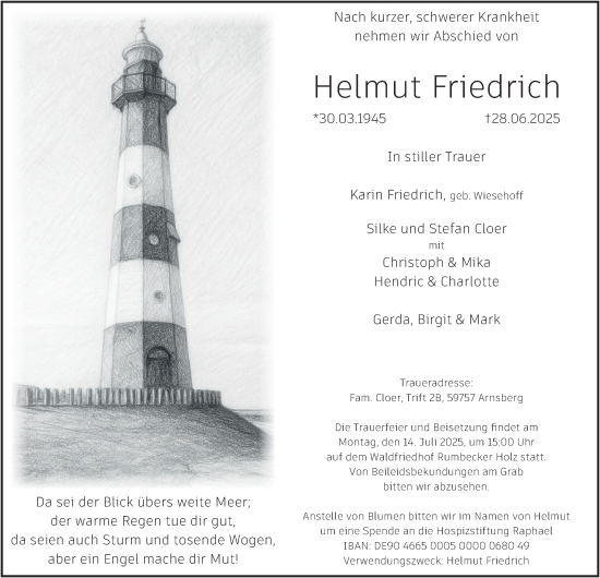 Traueranzeige von Helmut Friedrich von Tageszeitung