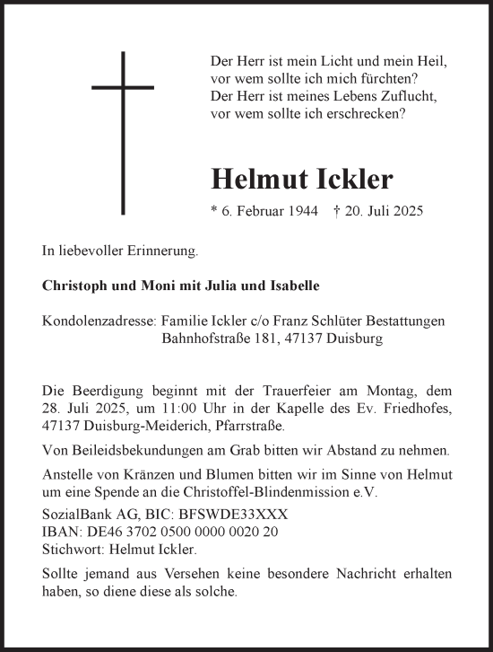 Traueranzeige von Helmut Ickler von Tageszeitung