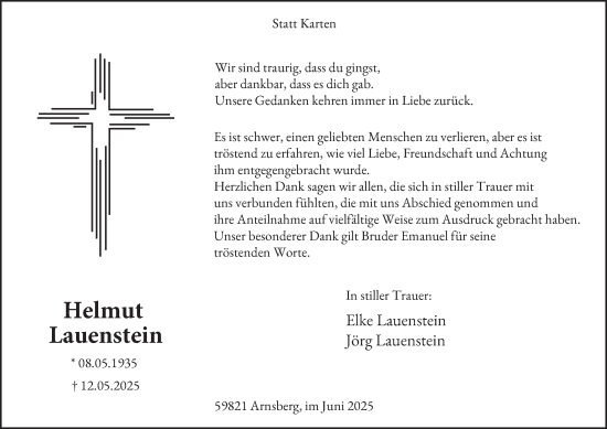 Traueranzeige von Helmut Lauenstein von Tageszeitung