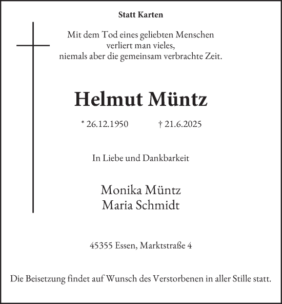 Traueranzeige von Helmut Müntz von Tageszeitung