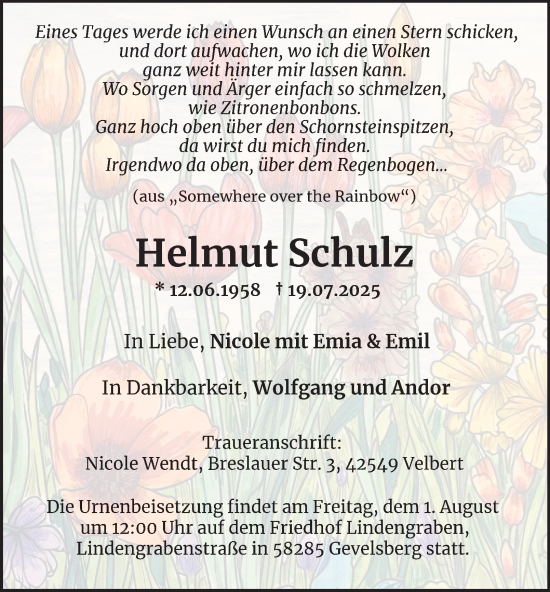 Traueranzeige von Helmut Schulz von Tageszeitung