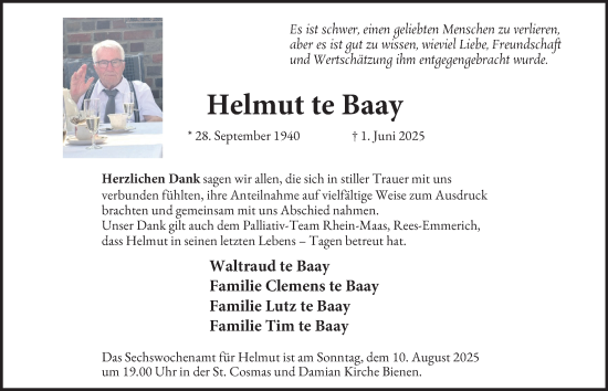Traueranzeige von Helmut te Baay von Tageszeitung
