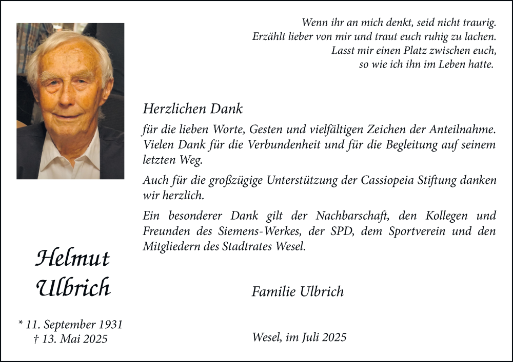  Traueranzeige für Helmut Ulbrich vom 12.07.2025 aus Tageszeitung
