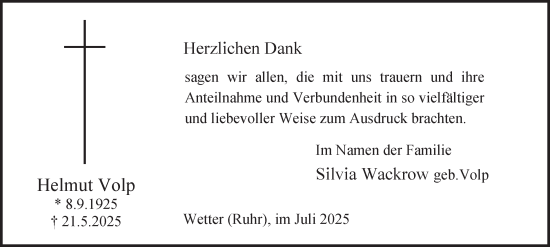 Traueranzeige von Helmut Volp von Tageszeitung