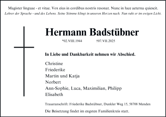 Traueranzeige von Hermann Badstübner von Tageszeitung