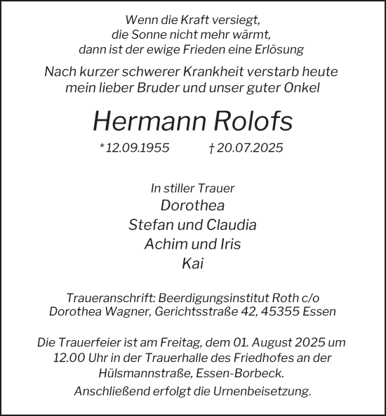 Traueranzeige von Hermann Rolofs von Tageszeitung