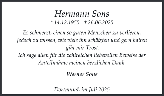 Traueranzeige von Hermann Sons von Tageszeitung