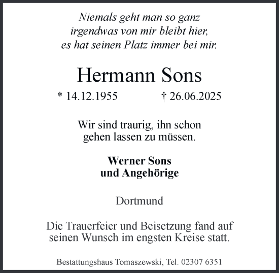 Traueranzeige von Hermann Sons von Tageszeitung