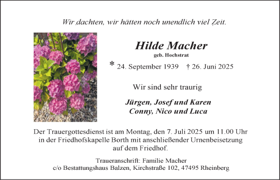 Traueranzeige von Hilde Macher von Tageszeitung