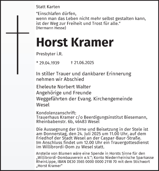 Traueranzeige von Horst Kramer von Tageszeitung
