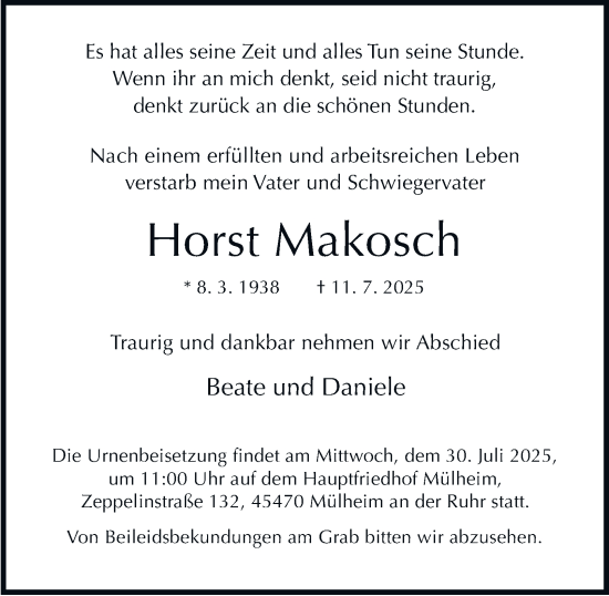 Traueranzeige von Horst Makosch von Tageszeitung