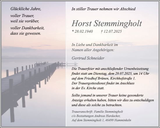Traueranzeige von Horst Stemmingholt von Tageszeitung