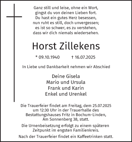 Traueranzeige von Horst Zillekens von Tageszeitung