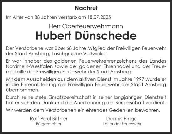 Traueranzeige von Hubert Dünschede von Tageszeitung