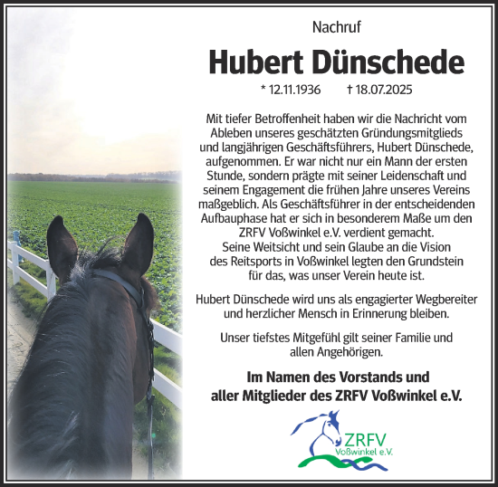 Traueranzeige von Hubert Dünschede von Tageszeitung