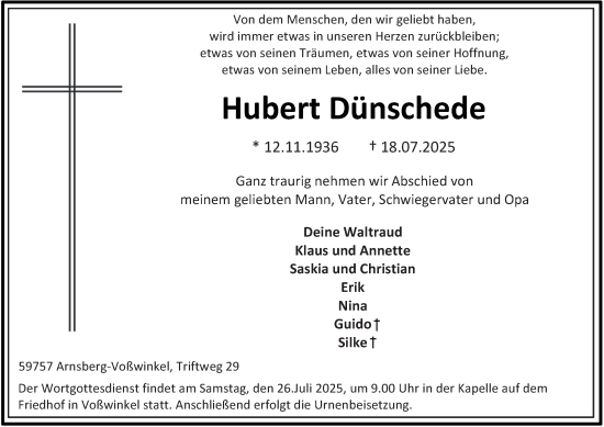 Traueranzeige von Hubert Dünschede von Tageszeitung