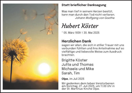 Traueranzeige von Hubert Köster von Tageszeitung