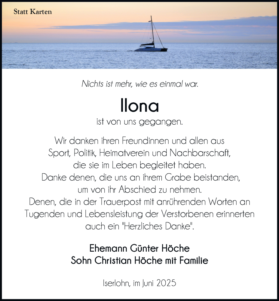  Traueranzeige für Ilona Höche vom 28.06.2025 aus Tageszeitung
