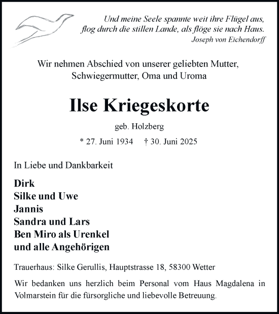 Traueranzeige von Ilse Kriegeskorte von Tageszeitung