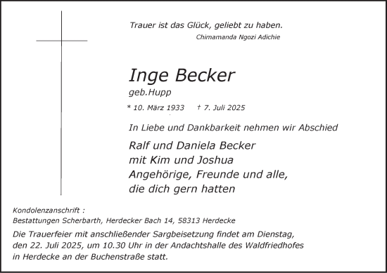 Traueranzeige von Inge Becker von Tageszeitung