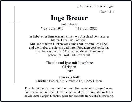 Traueranzeige von Inge Breuer von Tageszeitung
